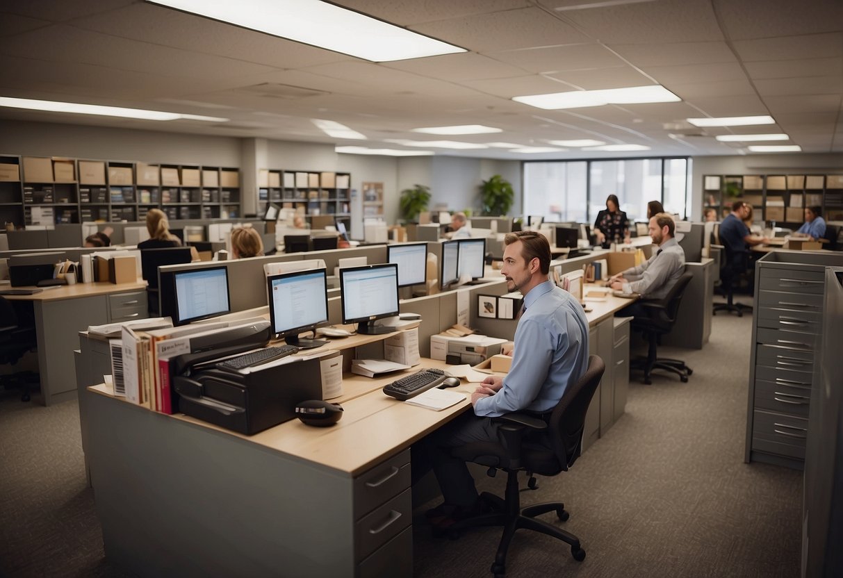 A busy office with people talking to customer service reps at desks, surrounded by shelves of furniture catalogs and samples
