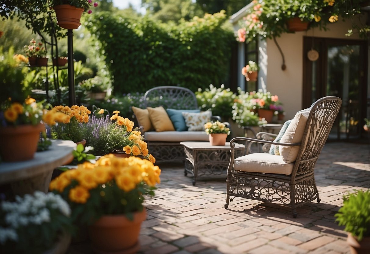 A sunny patio with cast aluminum furniture, surrounded by lush greenery and colorful flowers