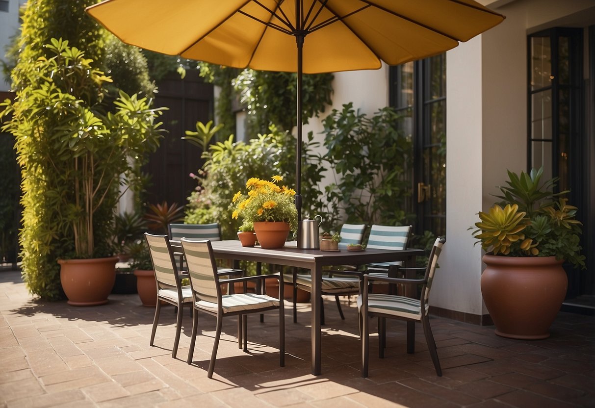 A sunny patio with a sleek cast aluminum dining set, surrounded by lush greenery and colorful potted plants. A striped umbrella provides shade over the table