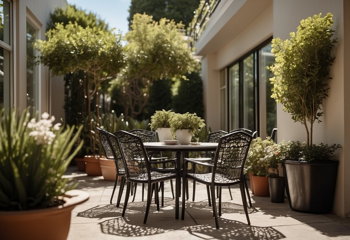 A sunny patio with a table and chairs made of sleek, modern cast aluminum. The furniture is arranged neatly, with a few potted plants adding a touch of greenery
