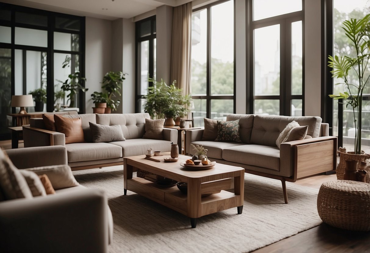 A cozy living room with a Mi Kuang furniture set, featuring a sleek coffee table, a comfortable sofa, and stylish accent chairs