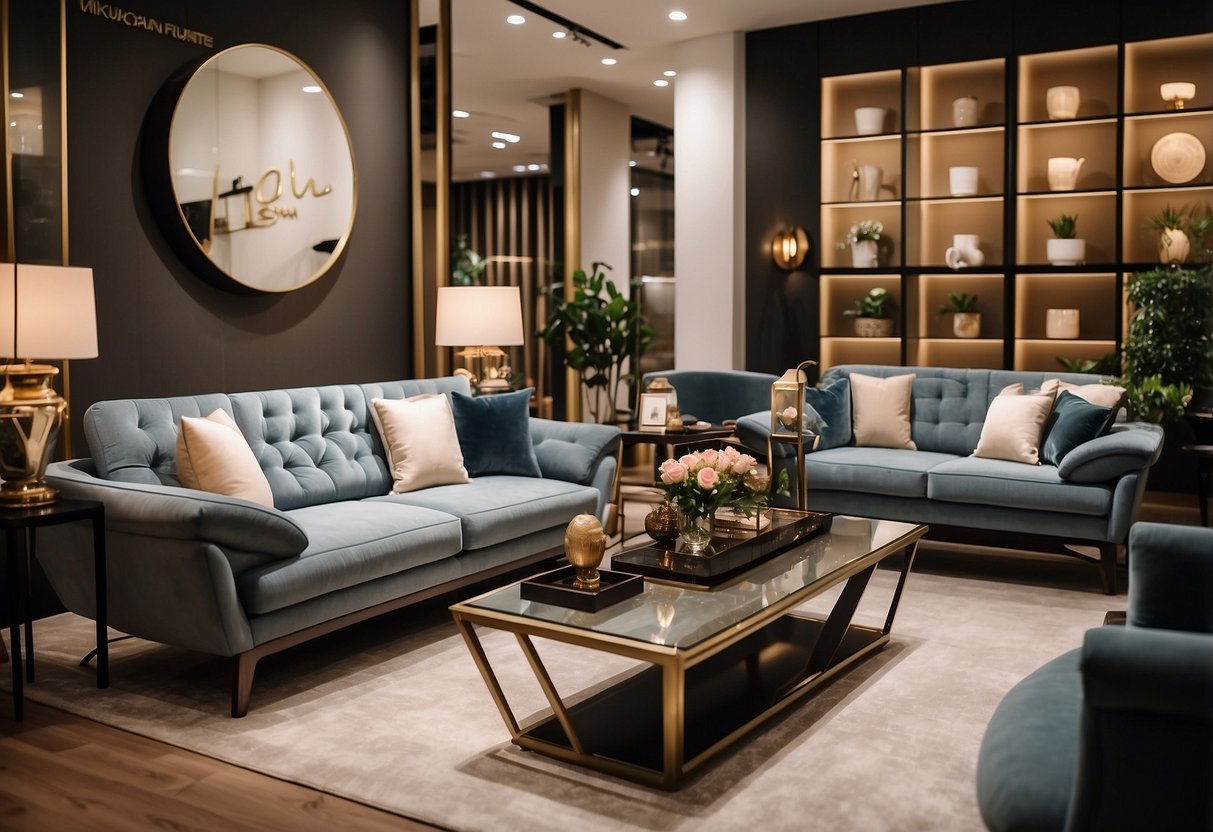 A cozy showroom with elegant furniture displays and soft lighting, inviting customers to explore Mi Kuang Furniture's collection