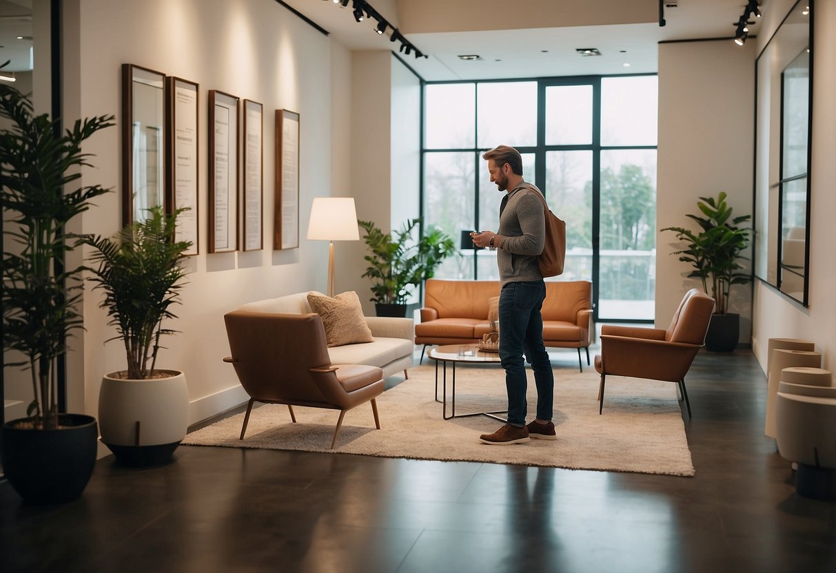 A customer browsing through modern furniture displays in a well-lit showroom with minimalistic decor and clean lines