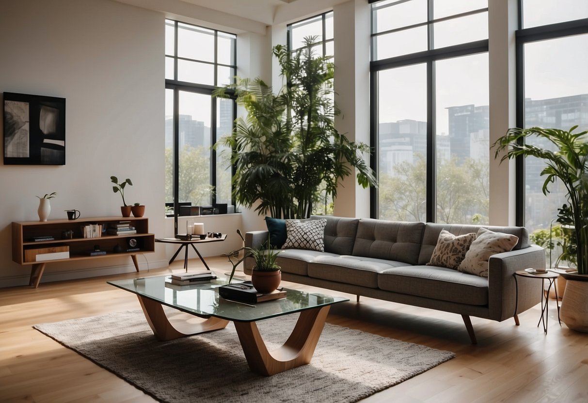A room with modern furniture, including a sleek sofa, coffee table, and bookshelf. The space is well-lit, with a large window and plants