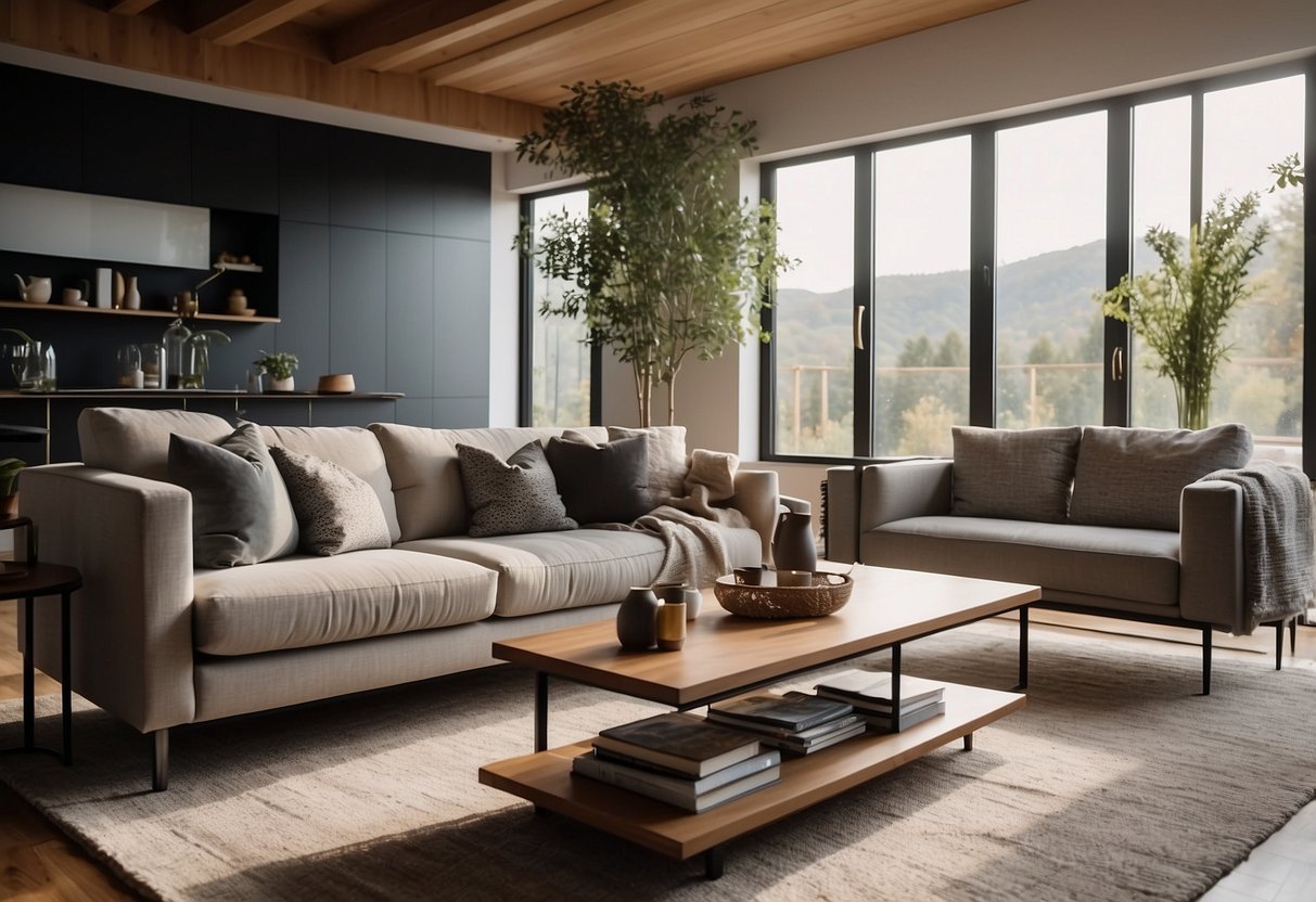 A cozy living room with a modern sofa, a sleek coffee table, and a stylish entertainment center. Bright natural light fills the space, casting a warm glow on the elegant decor
