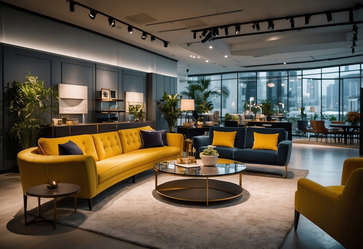 A bustling showroom filled with modern and luxurious furniture displays, with sleek designs and vibrant colors, showcasing the best furniture stores in Singapore