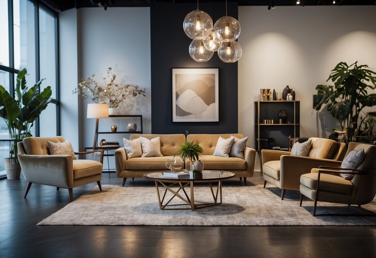 A modern showroom with sleek furniture displays, elegant lighting, and stylish decor. Customers browse through high-quality sofas, tables, and chairs