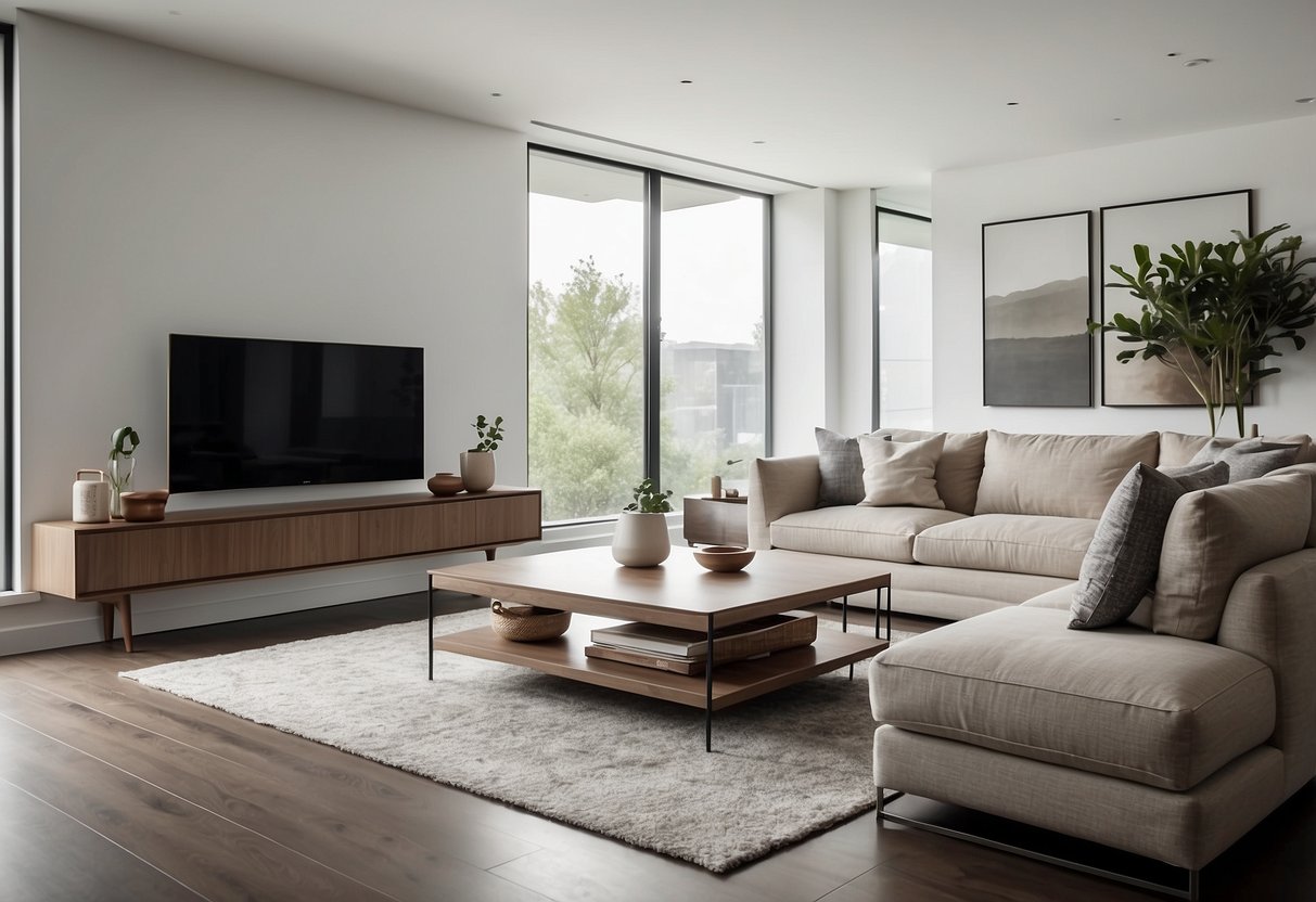 A modern living room with sleek, minimalist furniture in a neutral color palette. Clean lines and a sense of spaciousness create a sophisticated and inviting atmosphere