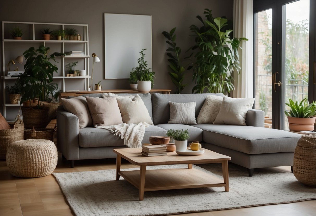 A cozy living room with a modern sofa, coffee table, and bookshelf. A rug and potted plants add warmth. Text on the wall reads "Frequently Asked Questions maxime home furniture."