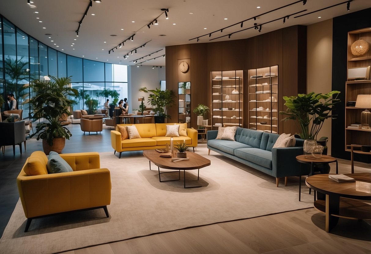 A bustling furniture showroom in Singapore with customers browsing and staff assisting. Brightly lit displays showcase modern and classic designs