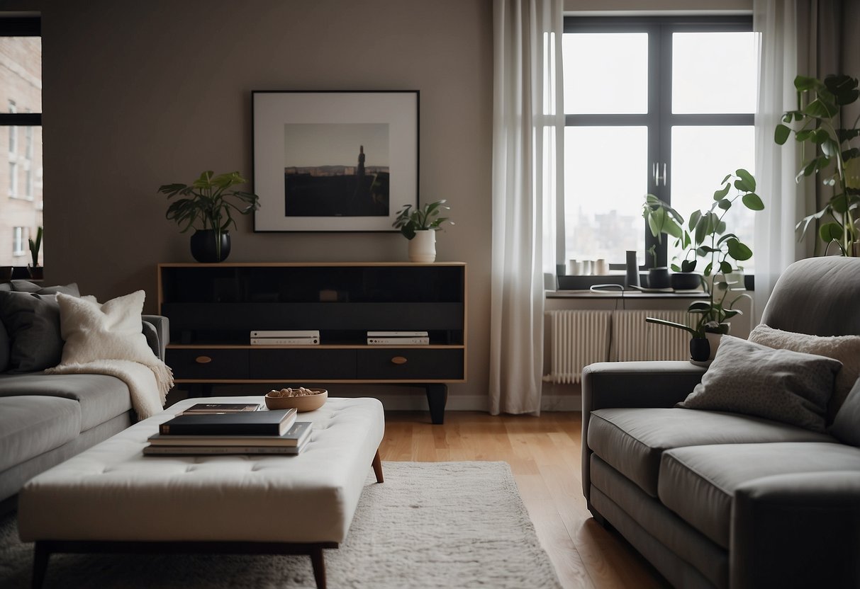 A cozy living room with a plush sofa, a sleek coffee table, and a stylish armchair. A modern TV stand and a bookshelf complete the scene