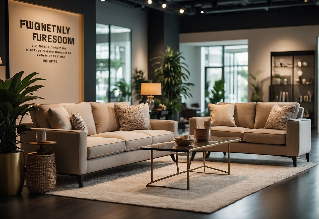 A modern furniture showroom with neatly displayed items and a prominent sign reading "Frequently Asked Questions best link furniture singapore."
