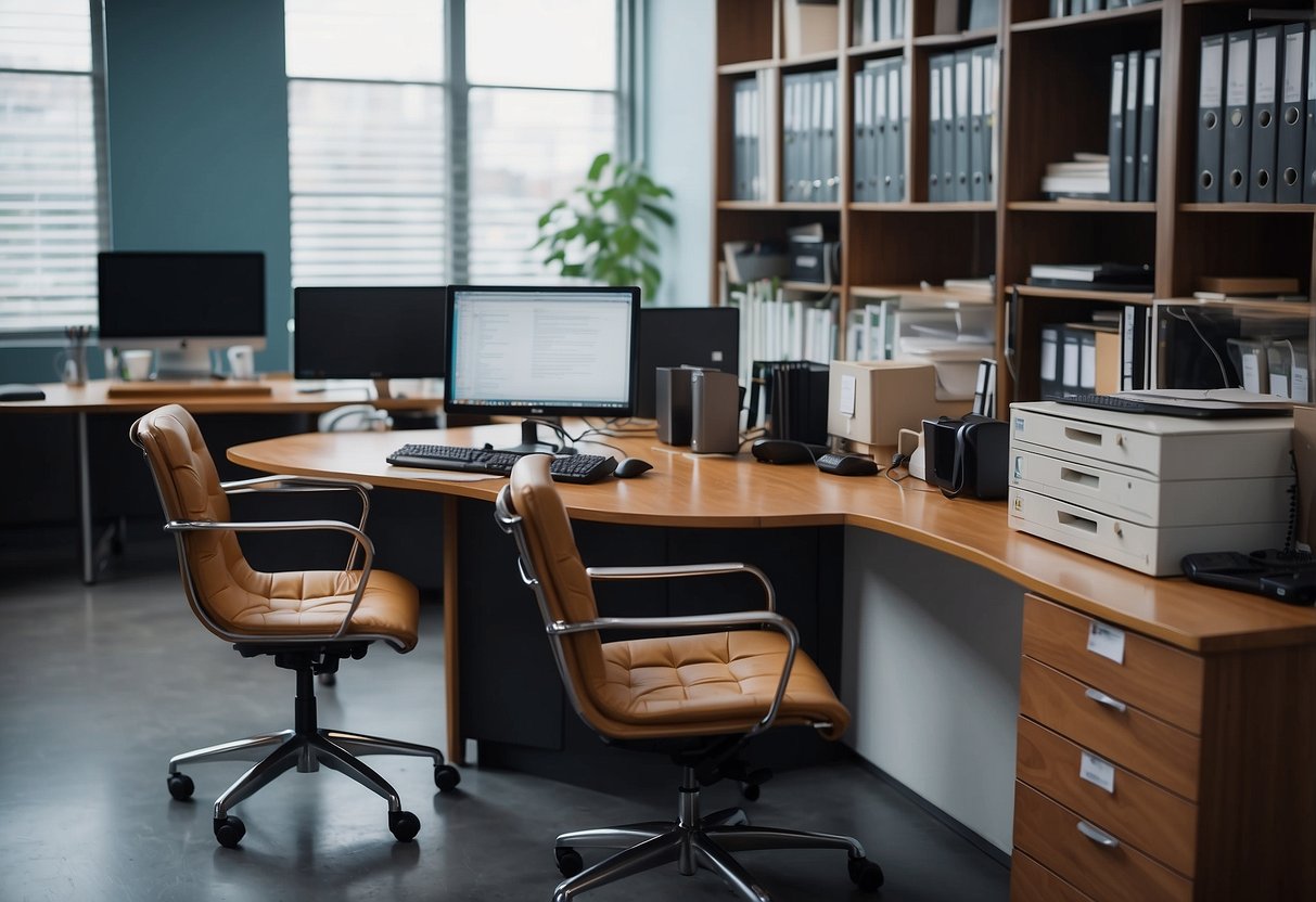 The office furniture is arranged neatly, with a large desk in the center, surrounded by chairs and filing cabinets. A computer monitor sits on the desk, along with a phone and a stack of papers