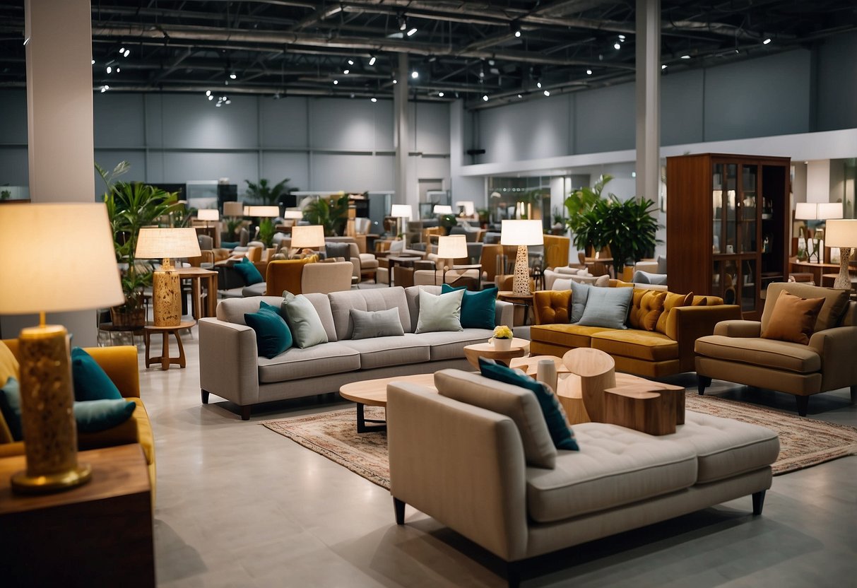 Customers browse through rows of modern and classic furniture at a spacious warehouse in Singapore. Various collections are displayed, including sofas, tables, and chairs