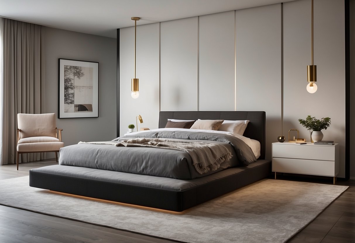 A sleek, minimalist bedroom with a platform bed, clean lines, and neutral colors. A geometric rug and a statement lighting fixture add modern flair
