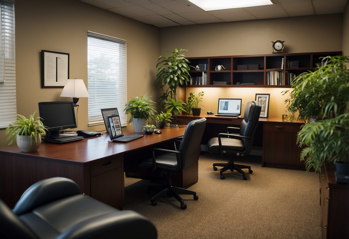An office desk with a computer, chair, and lamp. Shelves with files, plants, and a clock. A conference table with chairs. A bookshelf with books and decorative items