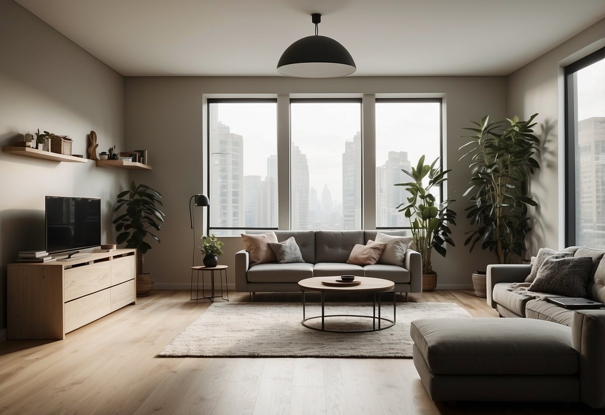 A simple room with basic, affordable furniture. Clean lines, neutral colors, and uncluttered space