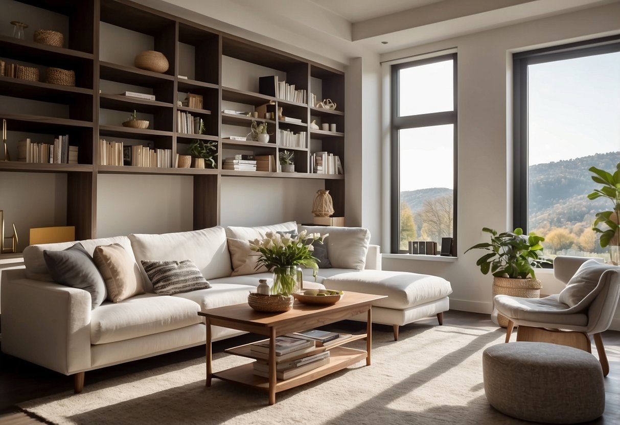 A room with white furniture, including a sofa, coffee table, and bookshelf, is bathed in natural light from a large window