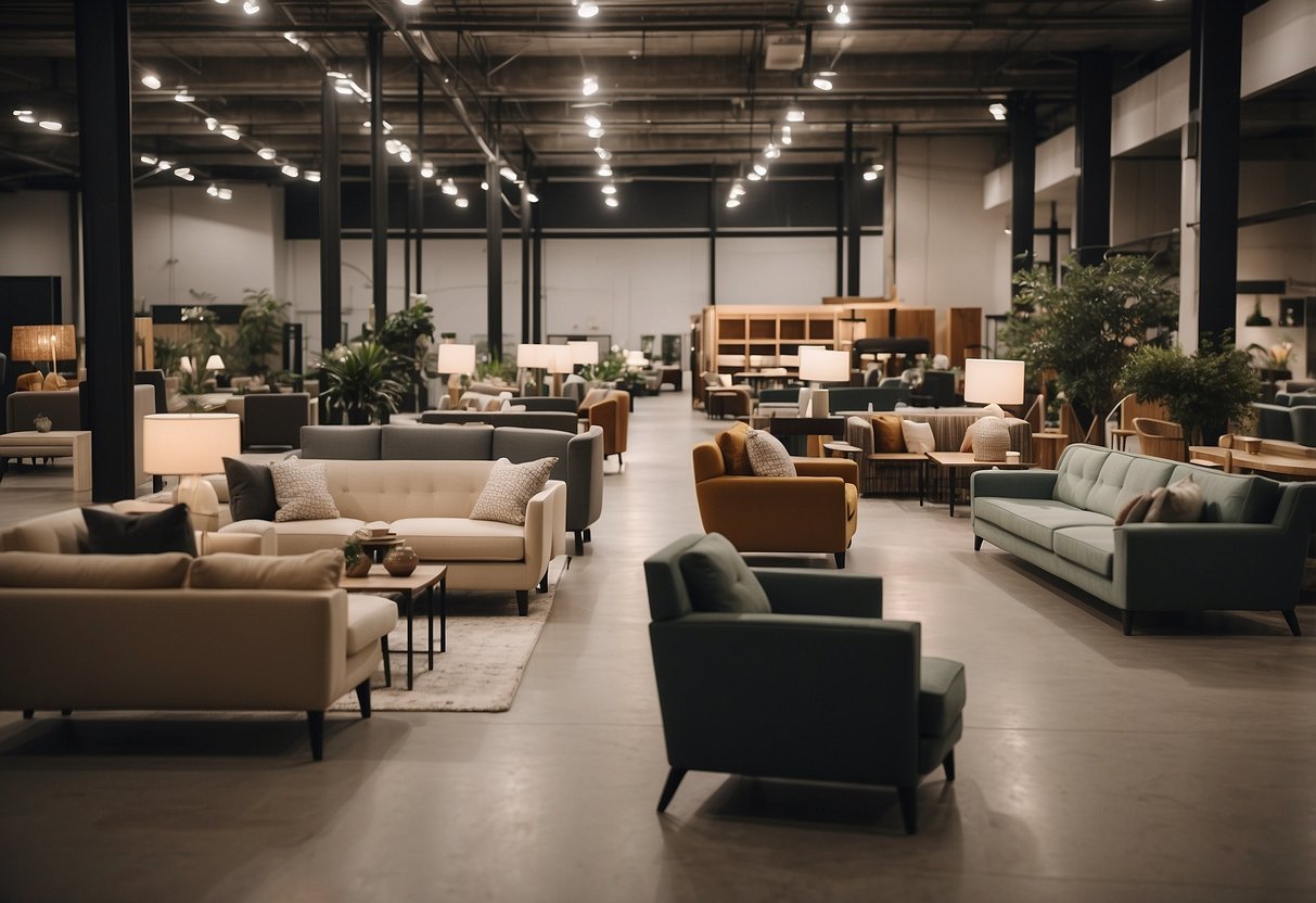 A spacious furniture warehouse with rows of stylish sofas, elegant dining tables, and modern lighting fixtures. Shoppers browse through the displays, while staff assist with inquiries