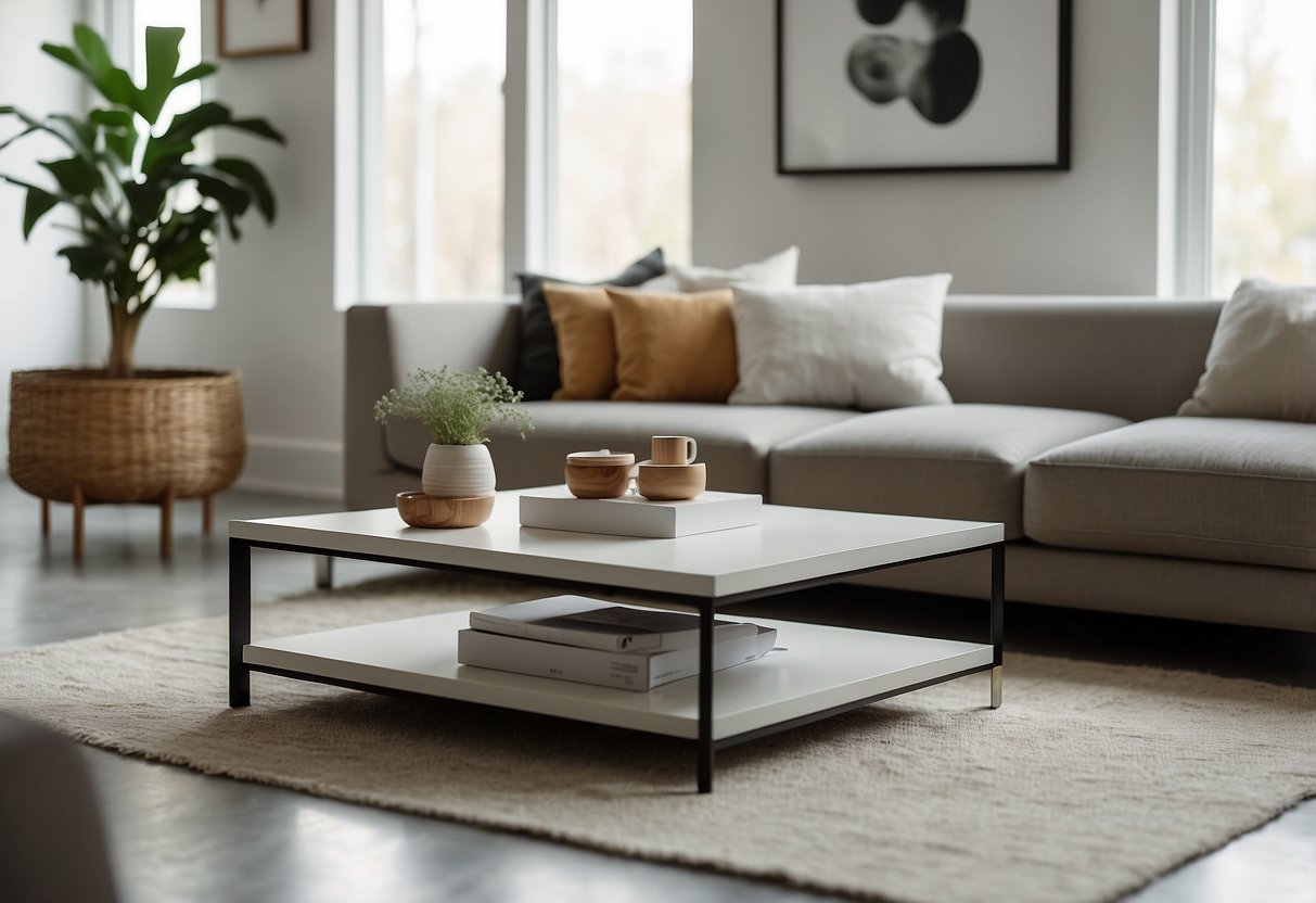 A sleek, modern sofa and coffee table sit in a bright, airy living room. Clean lines and neutral colors create a minimalist, affordable aesthetic