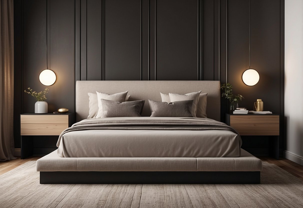 A sleek platform bed with clean lines, a minimalist dresser, and a stylish nightstand with geometric shapes. The room features neutral colors and a soft, plush rug