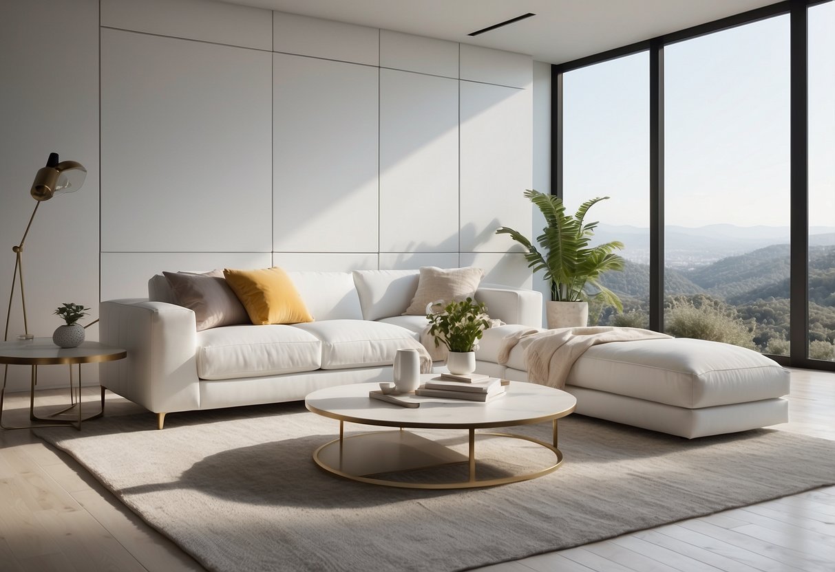 A bright, airy room with sleek white furniture arranged in a modern style. Clean lines and minimalistic design create a serene and elegant atmosphere