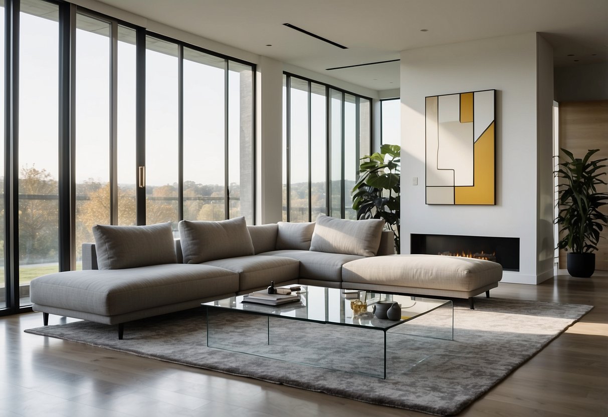 A sleek, minimalist living room with a large, L-shaped sofa, a glass coffee table, and a contemporary entertainment center. The room is bathed in natural light from floor-to-ceiling windows, and the walls are adorned with abstract art