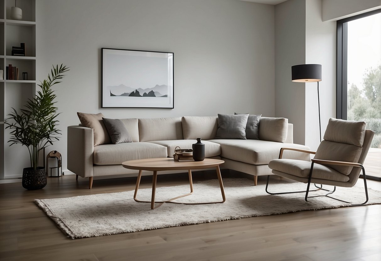 A simple, uncluttered room with sleek, modern furniture. Clean lines, neutral colors, and open space create a minimalist atmosphere