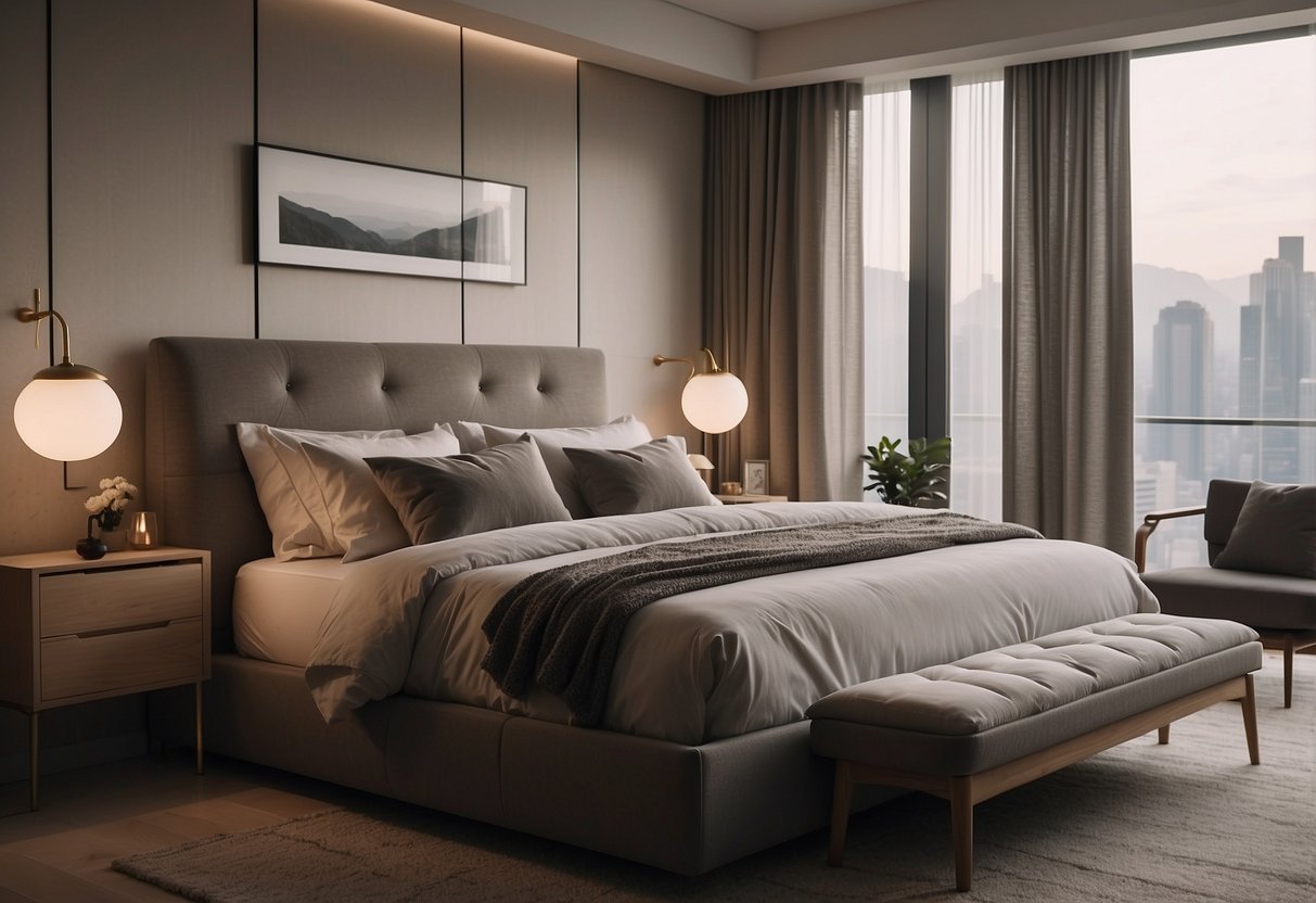 A cozy, minimalist bedroom with sleek furniture, soft lighting, and neutral colors. A large, comfortable bed sits against a backdrop of a simple, yet elegant headboard