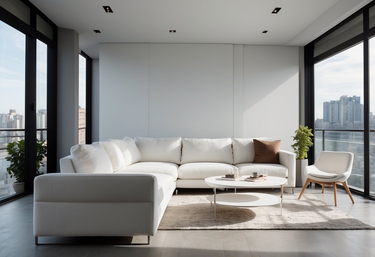 A spacious room with white furniture arranged to maximize space, including a sleek white sofa, minimalist white coffee table, and a white bookshelf against a clean, white wall