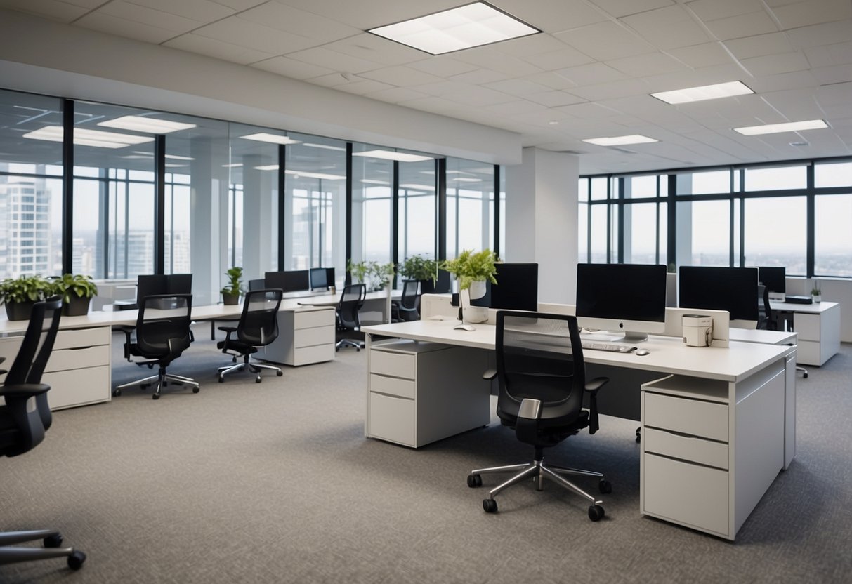 A modern office with sleek, collaborative workstations and ample storage solutions. Bright, open space with ergonomic chairs and adjustable desks
