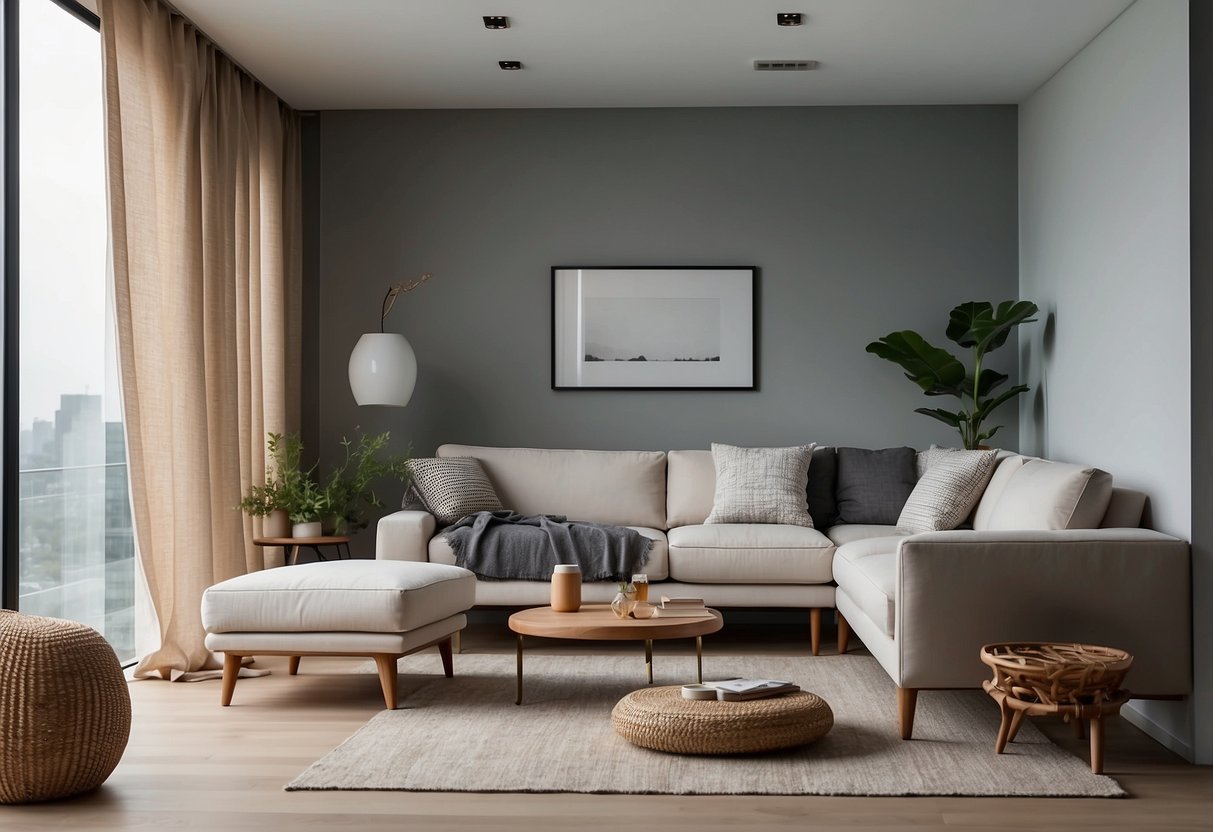 A clean, modern room with simple, low-cost furniture. Clean lines, neutral colors, and uncluttered space