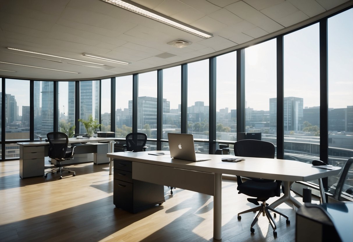 A modern office space with sleek, ergonomic furniture. A large desk with a computer, ergonomic chair, and filing cabinets. Bright, natural light floods the room through large windows