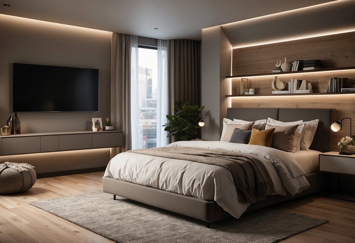 A sleek, minimalist bedroom with a platform bed, clean lines, and integrated storage. A wall-mounted TV, geometric lighting, and neutral color palette complete the modern look