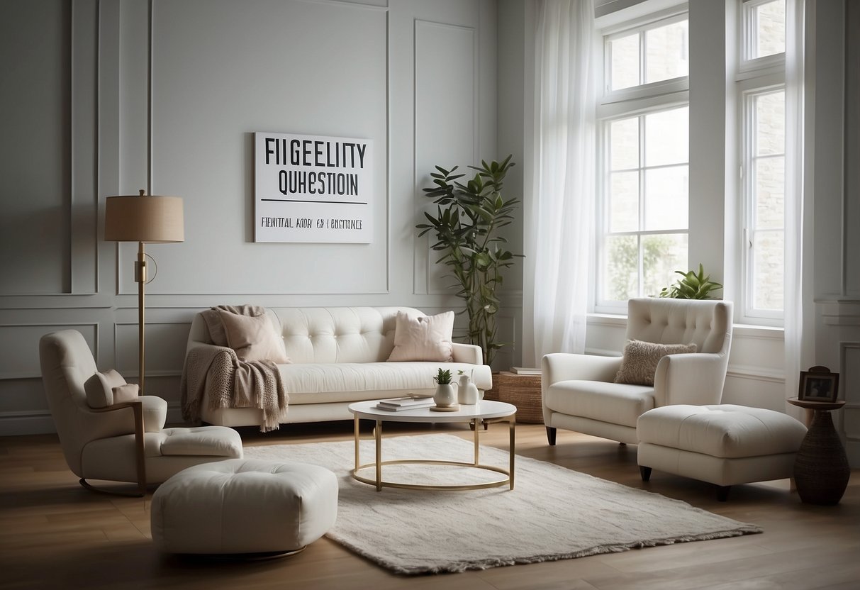 A room with white furniture and a sign that reads "Frequently Asked Questions" displayed prominently