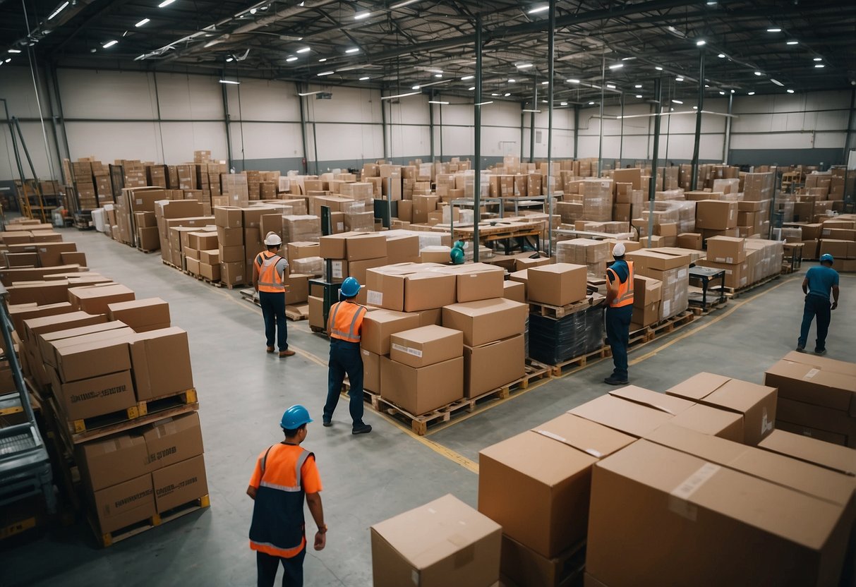 A busy furniture warehouse in Singapore, with workers moving large boxes and shelves stocked with various items