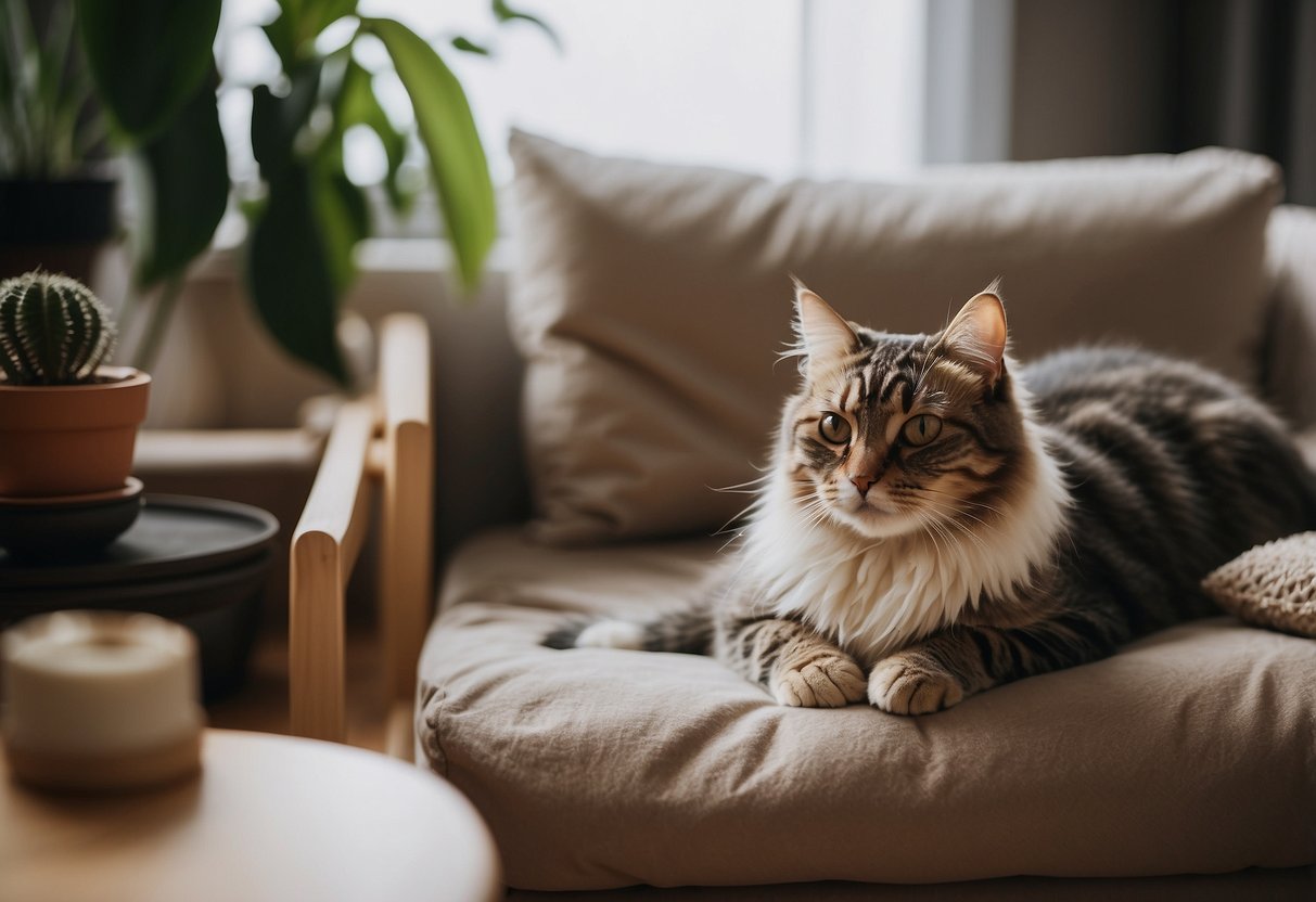 A cozy living room with a variety of cat furniture, including scratching posts, cozy beds, and perches near windows