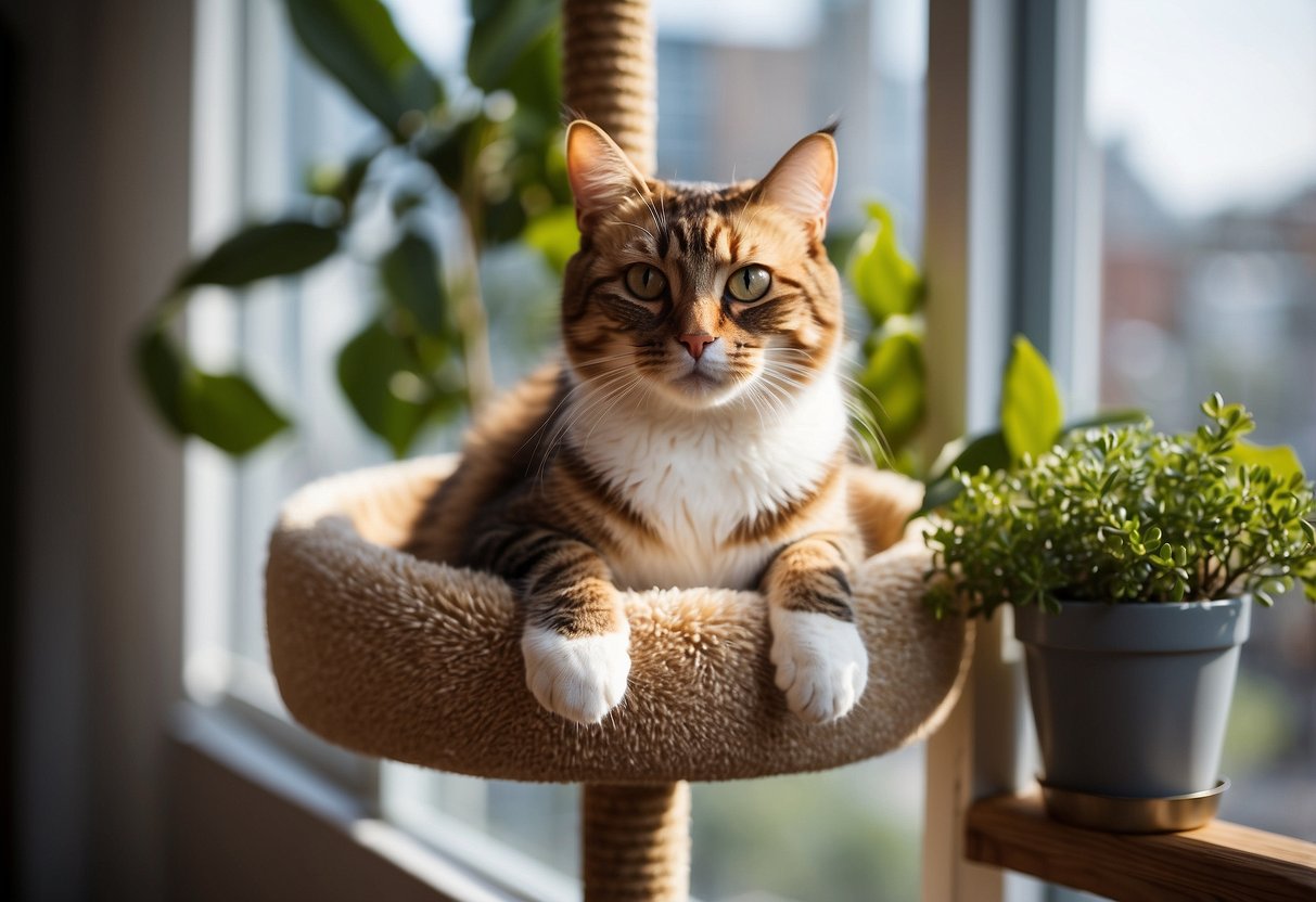 A cozy cat tree with multiple levels, scratching posts, and a dangling toy. A plush cat bed and a window perch with a view
