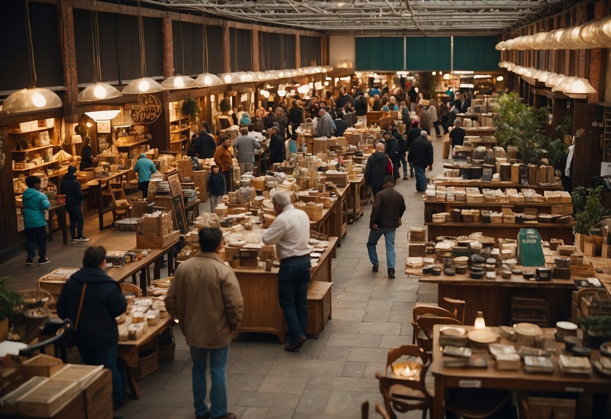 A bustling marketplace with various tables, chairs, and shelves on display. People haggling and inspecting items, with a sign reading "buy and sell used furniture."