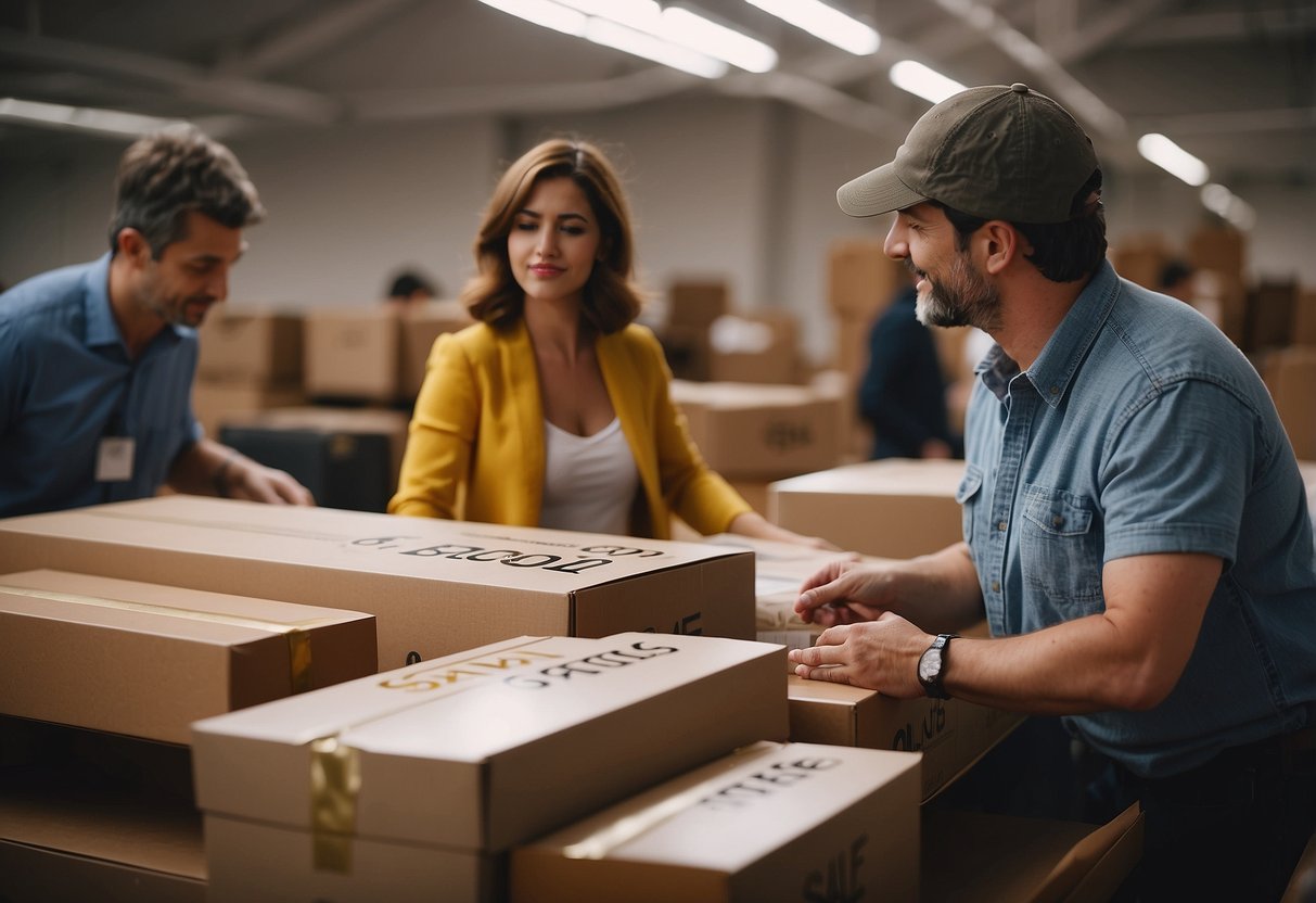 A person placing a "For Sale" sign on a piece of furniture while another person inspects it. Boxes and furniture in the background