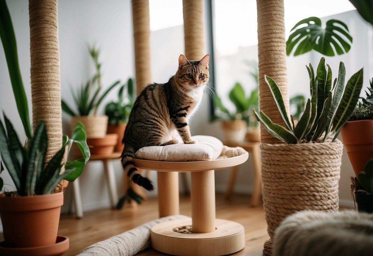 A cat lounges on a plush, multi-tiered cat tree, surrounded by various scratching posts, cozy beds, and dangling toys. The room is filled with natural light and plants, creating a serene and inviting space for feline relaxation