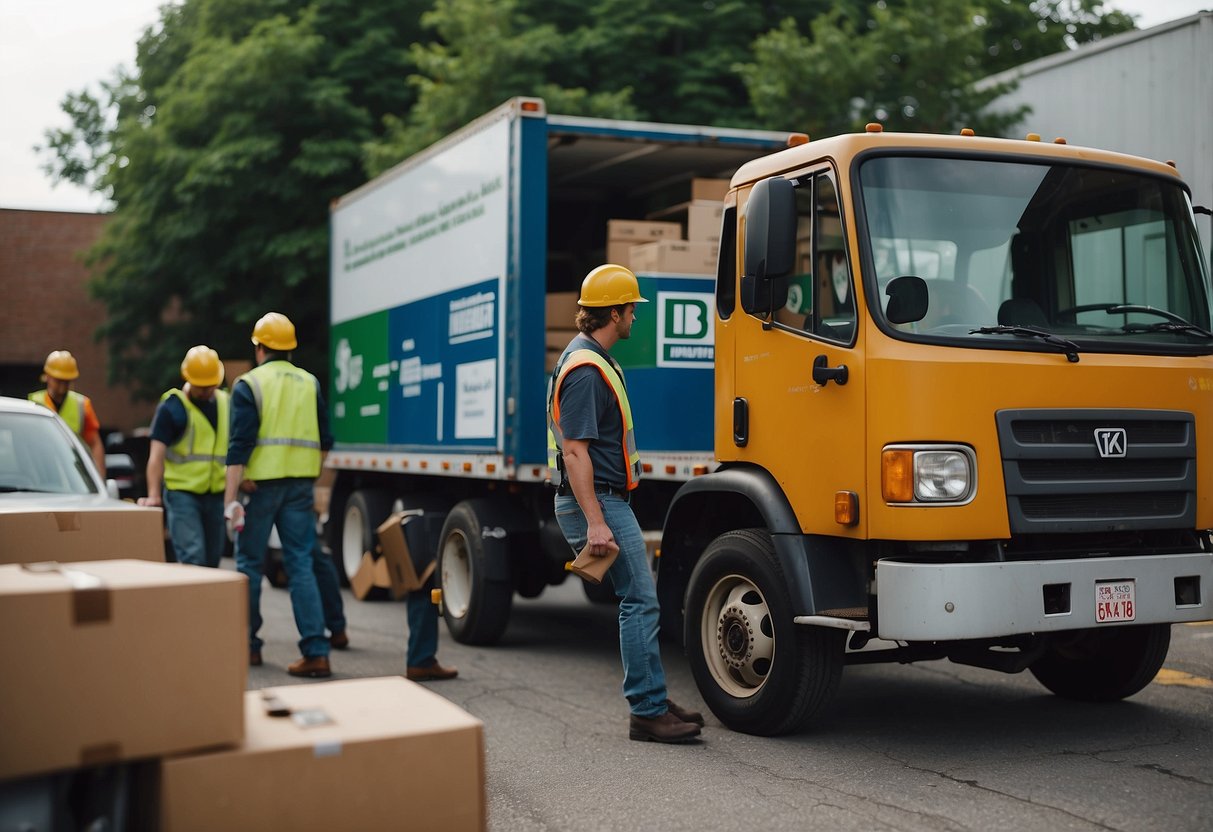 Various furniture items being loaded into a recycling truck, others being taken to a donation center