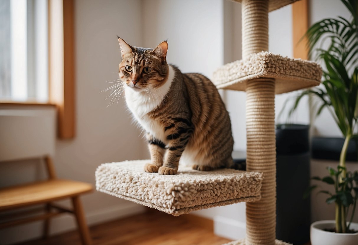 A cat lounges on a tall scratching post, while another jumps onto a multi-level cat tree. Both cats appear content and at ease in their designated spaces