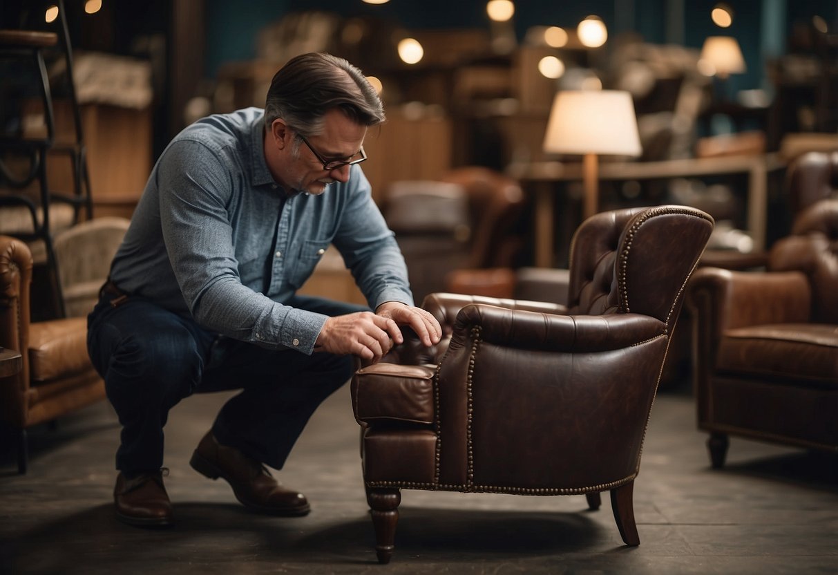 A furniture inspector carefully examines a vintage chair for quality and authenticity before approving it for sale
