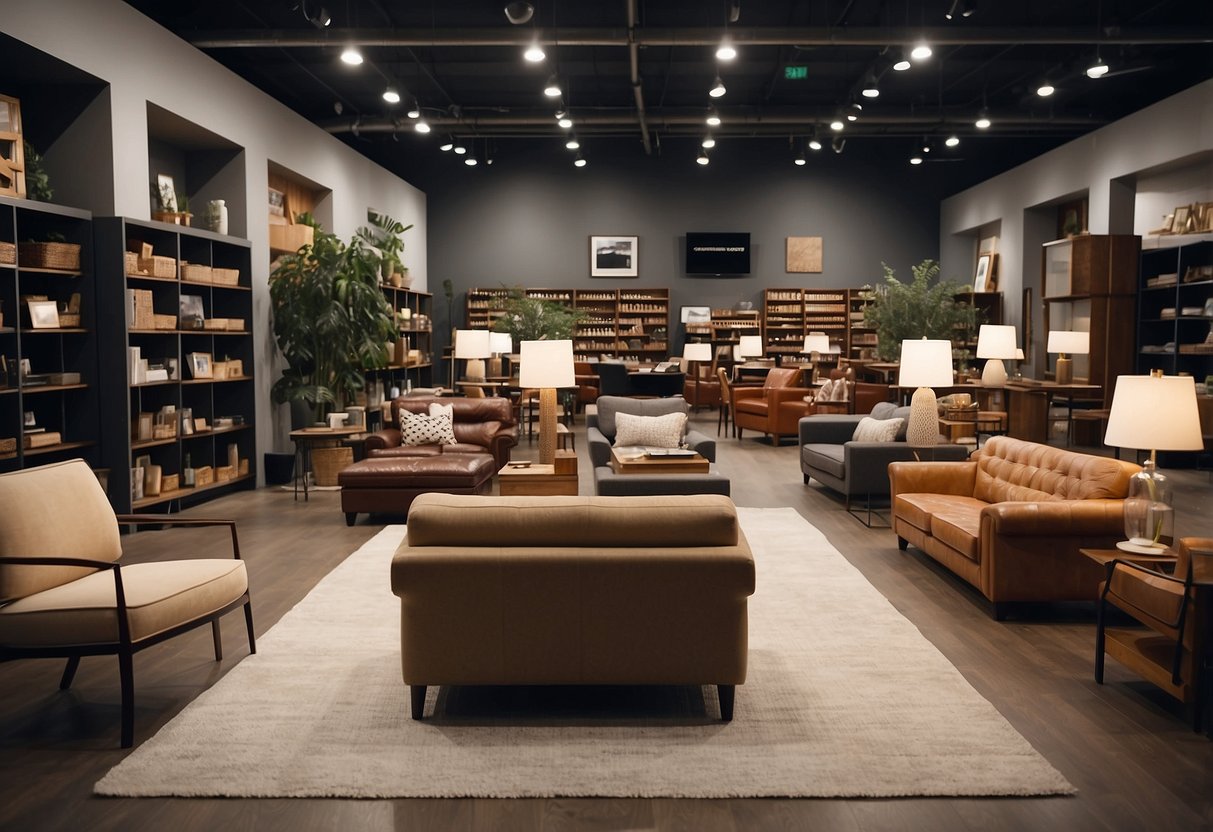 People browsing through a variety of furniture items in a store. Shelves and racks are neatly organized with different pieces. A sign with "Frequently Asked Questions" is displayed prominently