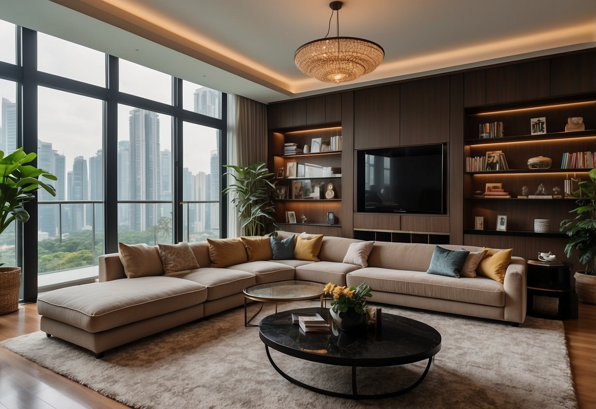 A cozy living room with bespoke furniture, showcasing a custom-made sofa, elegant coffee table, and unique bookshelves, all set against the backdrop of a modern Singaporean home