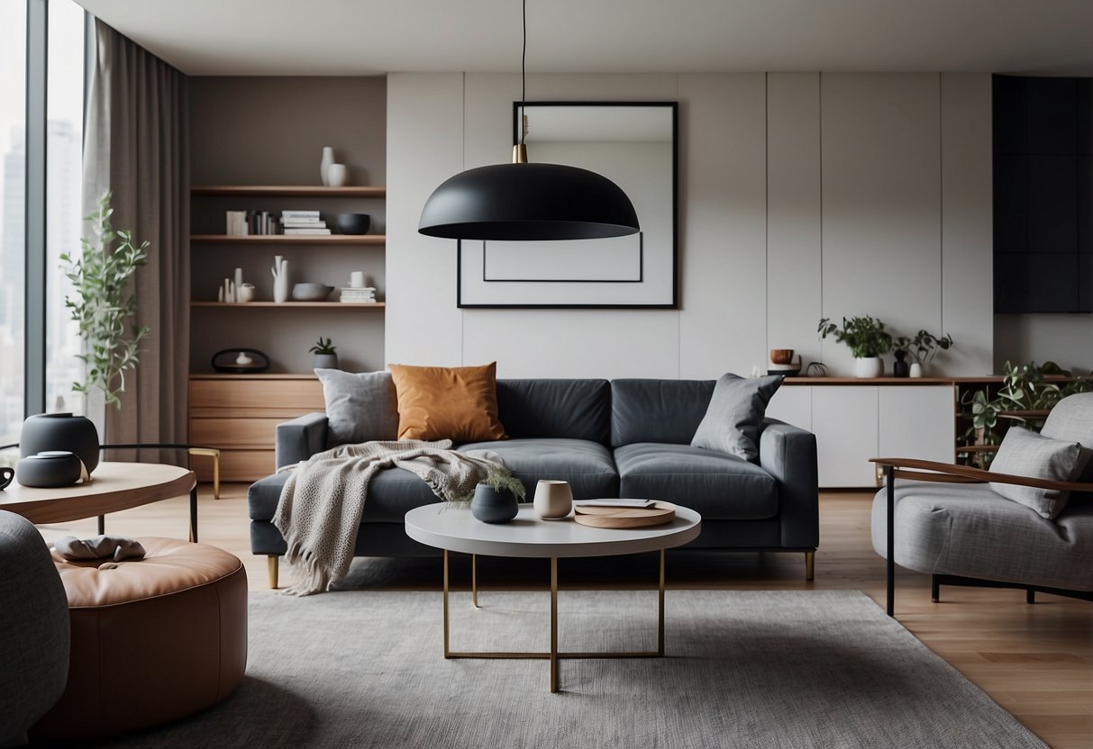 A cozy living room with a sleek, custom-made sofa and a matching coffee table, surrounded by modern, minimalist decor