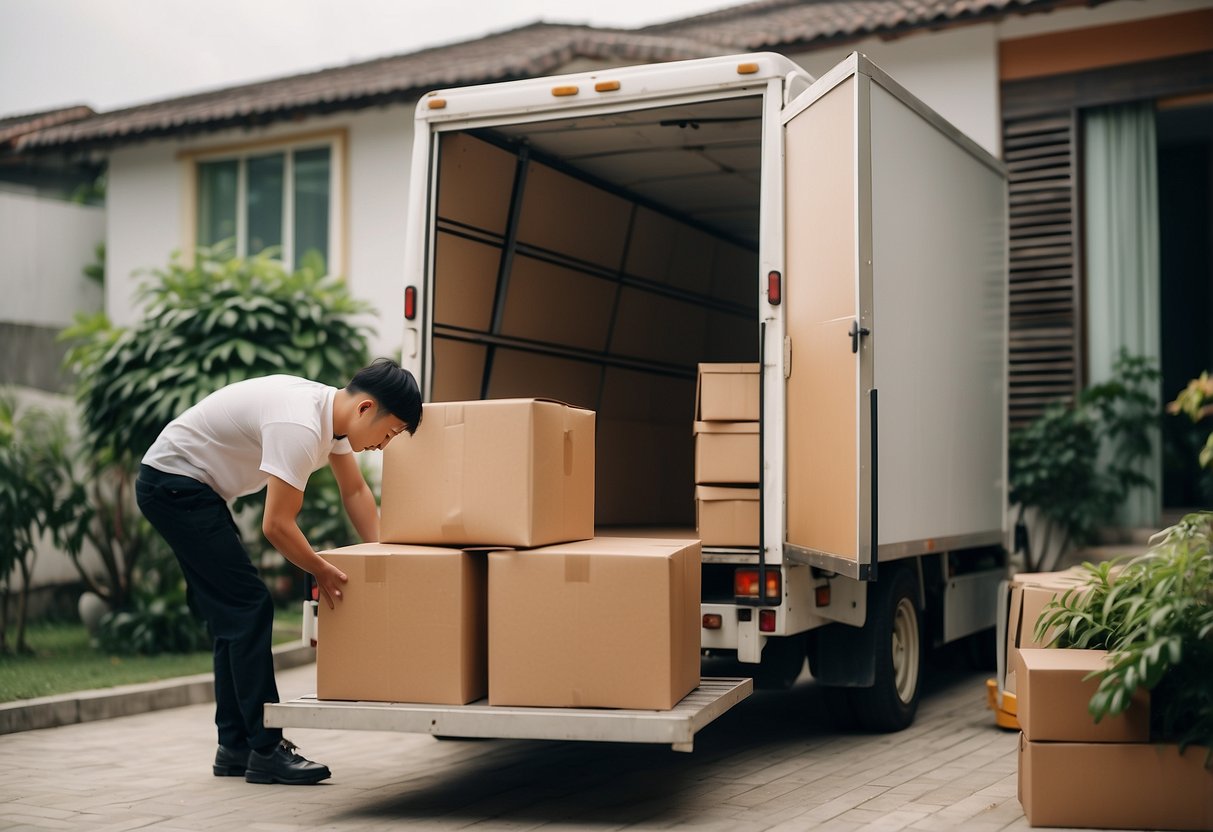A delivery truck unloading boxes of furniture from Taobao in front of a Singaporean home