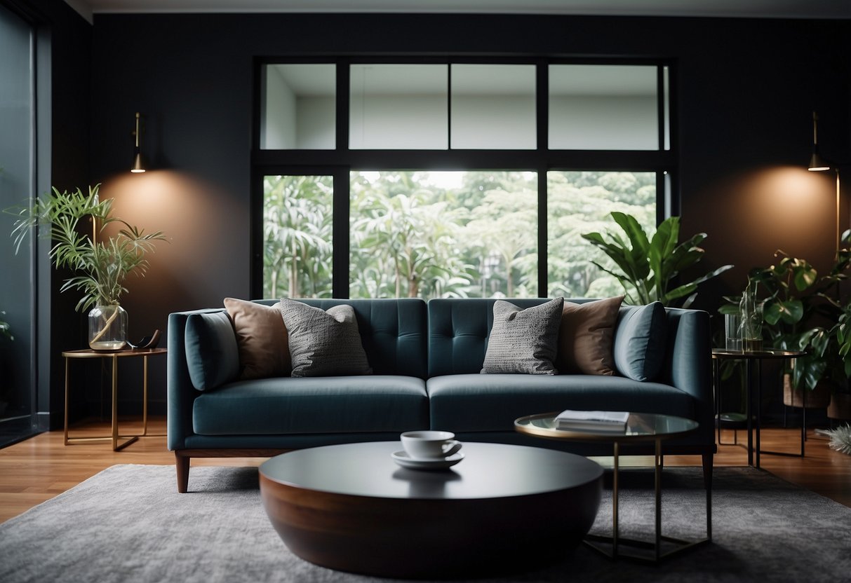 A sleek, modern sofa transitions from a showroom to a cozy living room, surrounded by stylish custom furniture in Singapore