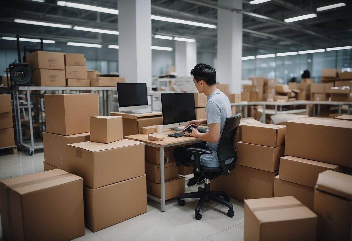 A room with a computer, a credit card, and a smartphone. Boxes of furniture from Taobao Singapore are being unpacked and assembled